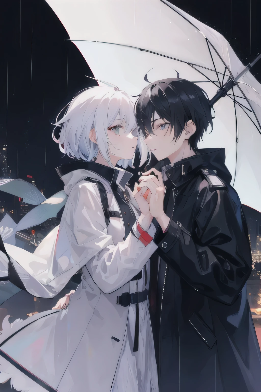 1 female 1 male,of the night city,rain,coat,Fingers interlocked，Holding an umbrella，Looking at each other affectionately