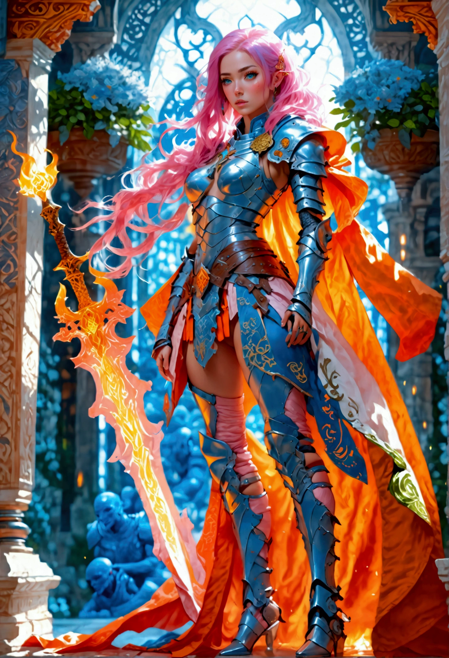 fantasy art, dnd art, RPG art, wide shot, (masterpiece: 1.4) a (portrait: 1.3) intense details, highly detailed, photorealistic, best quality, highres, portrait a female (fantasy art, Masterpiece, best quality: 1.3) ((blue skin: 1.5)), intense details facial details, exquisite beauty, (fantasy art, Masterpiece, best quality) cleric, (blue skinned: 1.3) female, (pink hair: 1.3), long hair, (no ears: 1.5), (green eyes: 1.3), armed with a fiery sword red fire, wearing heavy (white armor: 1.3), wearing high heeled laced boots, wearing an (orange cloak:1.3), wearing glowing holy symbol GlowingRunes_yellow, within fantasy temple background, reflection light, high details, best quality, 16k, [ultra detailed], masterpiece, best quality, (extremely detailed), close up, ultra wide shot, photorealistic, RAW, fantasy art, dnd art, fantasy art, realistic art,((best quality)), ((masterpiece)), (detailed), perfect face, art by mooncryptowow