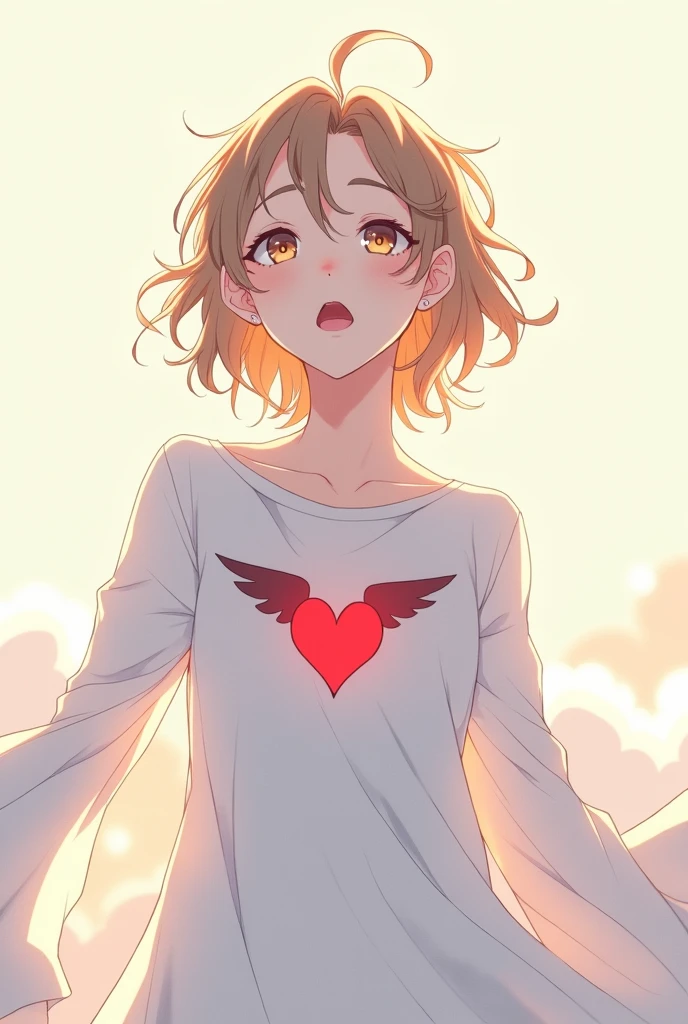 a young half-elf man with delicate, feminine features and shoulder-length light brown hair wearing white clothes with a winged red heart symbol drawn on the clothes at chest level, singing.
anime style