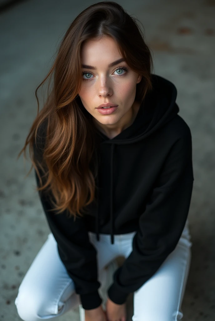 (photorealism:1.2), the body of a adolescent woman with blue eyes and brown hair standing on face and wear a black sweat