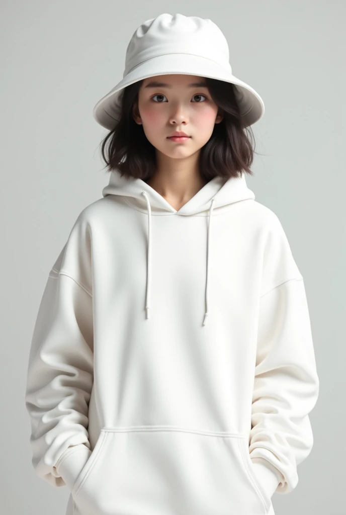Personagem com moleton branco e chapeu bucket branco 