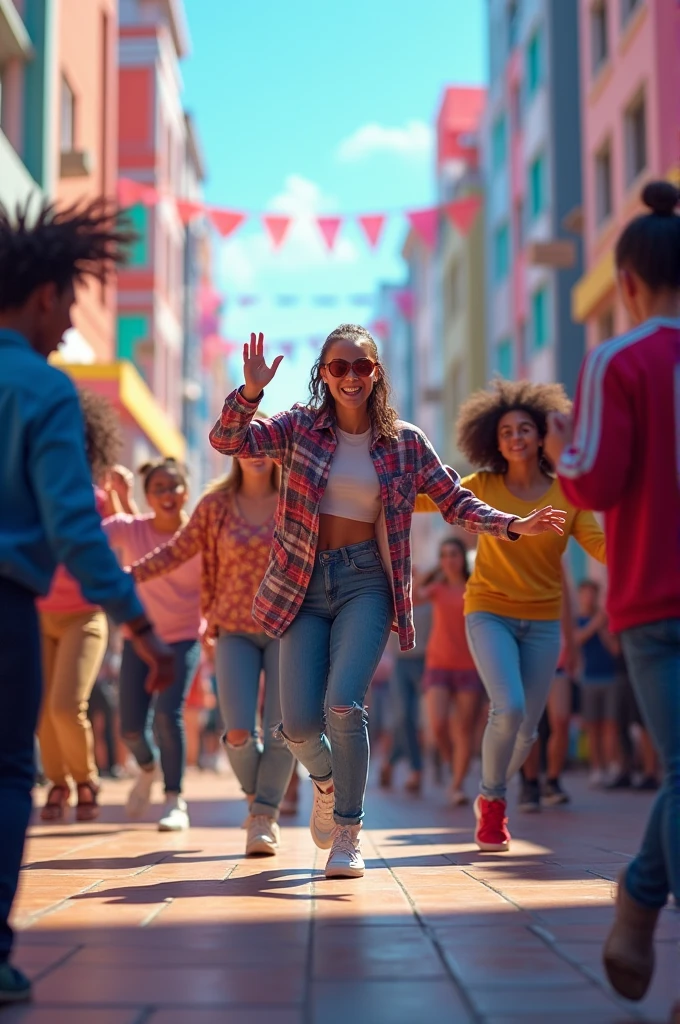 Display popular meme formats or trending dance challenges. Show people participating in viral trends or engaging in humorous skits.