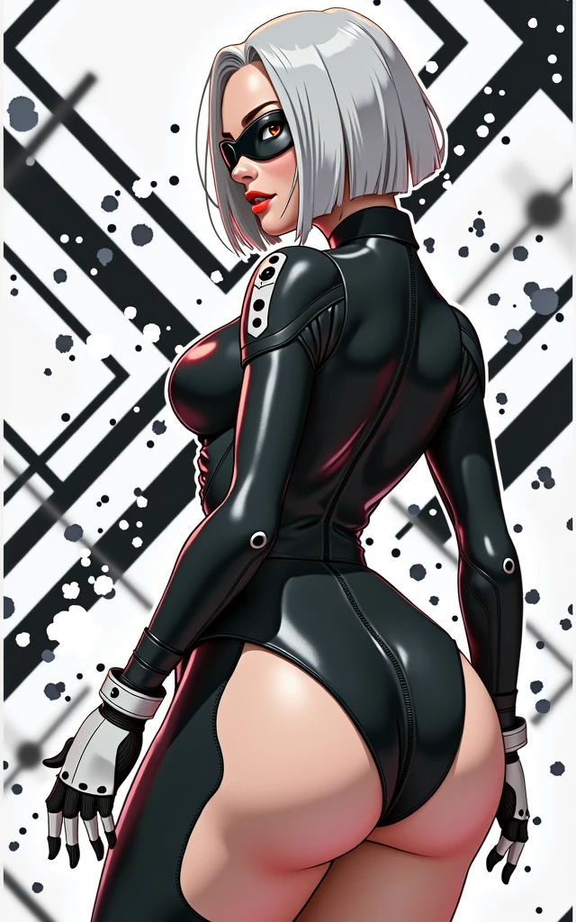 (masterpiece, best quality)), ((((perfect anatomy)))), Caucasian android woman with short silver hair, ((elaborate black dress)) (((white high cut leotard))), big butt, black eye-band, white and black gloves, digital black pattern background, (((Western cartoon style)))