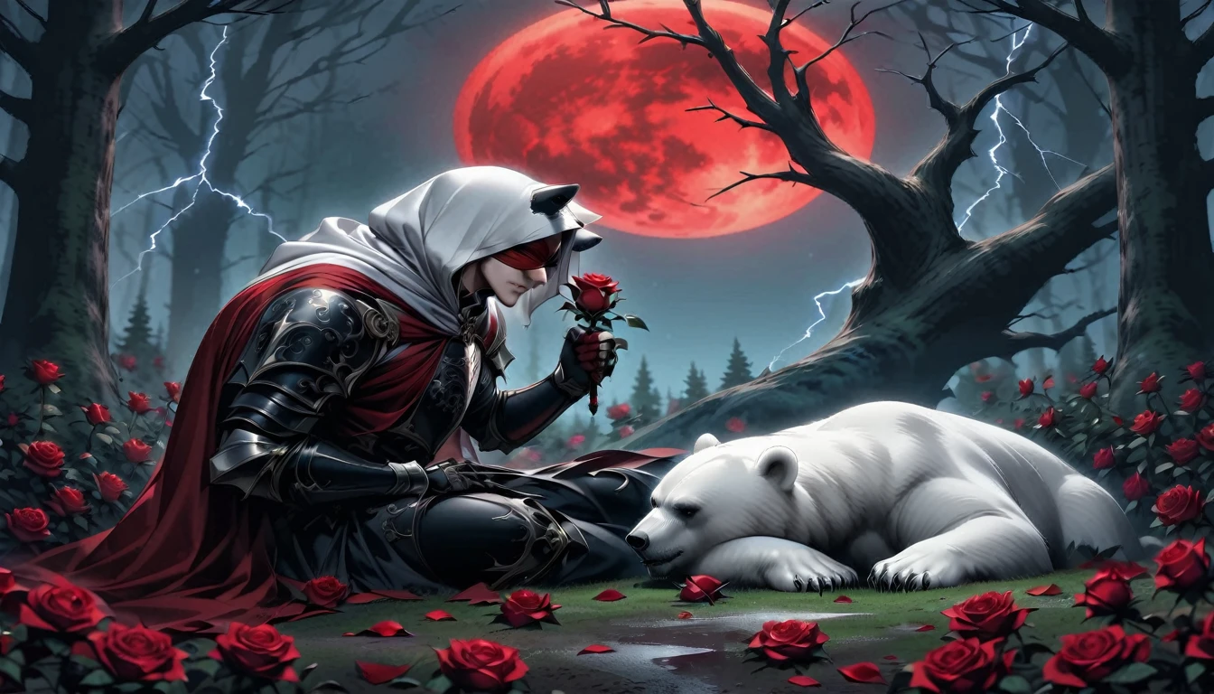 Male knight with a white hood with bear ears with sword behind his back sits on the ground towards a polar bear in a forest while the moon shines, many Roses cover the ground and lightning falls from the sky. The polar bear sleeps in front of the knight. Only the man wears a red blindfold. In the background of the picture is the blood moon and a tree has fallen down in the path. The forest is full of trees with leaves. The armor of the man is black and red roses decorate it. The knight has its sword in his hand.
