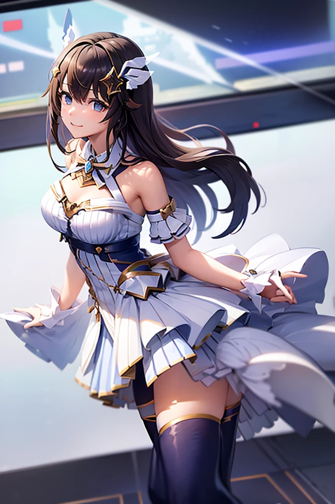 mecha wings、White and blue skirt、Thighs、tights、chest、Black Hair、1 girl、solo girl、IS、Frame Arms Girl、Alice Gere Aegis、Blue Armor、income、headphone、hand on own chest、smile、idol woman、idol dress