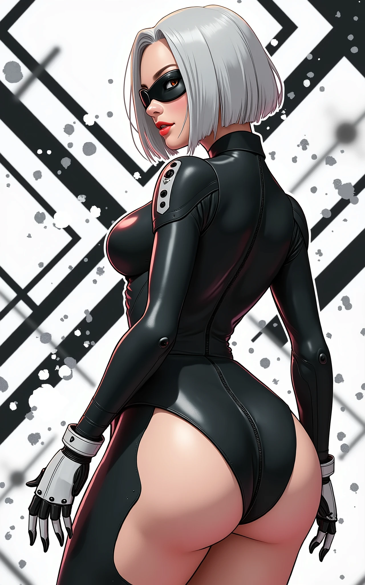 (masterpiece, best quality)), ((((perfect anatomy)))), Caucasian android woman with short silver hair, ((elaborate black dress)) (((white high cut leotard))), big butt, black eye-band, white and black gloves, digital black pattern background, (((comic book art style)))