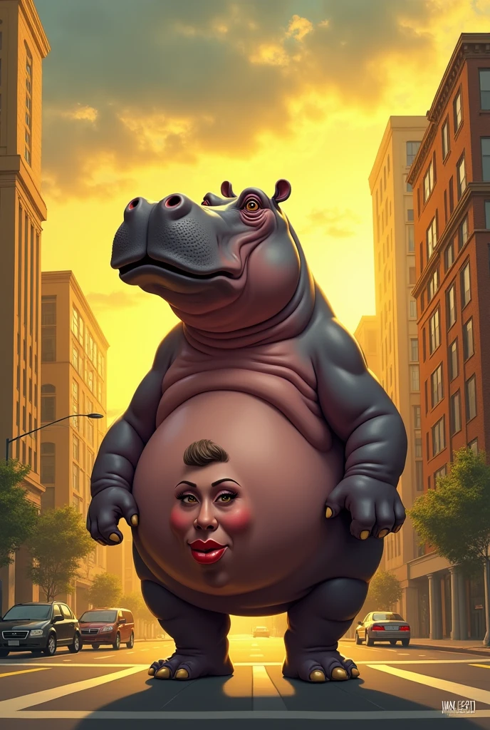 Caricature picture of a hippopotamus standing at a busy yellow city street intersection under a sky with dramatic clouds. The hippo is in the center of the frame and appears to be looking slightly to the right with its mouth closed. On its buttocks is the face of a beautiful woman who is about to emerge from the hippo's buttocks. Warm lighting and long shadows on the ground indicate a dusk atmosphere.