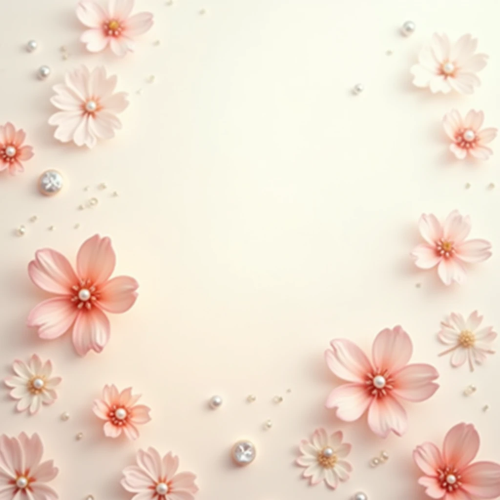 "Create a soft and elegant background with a gradient transitioning from white at the top to a subtle peach at the bottom. Scatter delicate flowers throughout the scene, adorned with small beads and pearls, adding a touch of luxury. The flowers should be placed strategically, with some in the upper left corner and others in the bottom right, creating a balanced composition. The overall lighting should be soft and warm, enhancing the gentle transition between white and peach, perfect for a refined and beautiful jewelry display. with flowers shadow and in tiny size flowers the flower color should be pink and white"