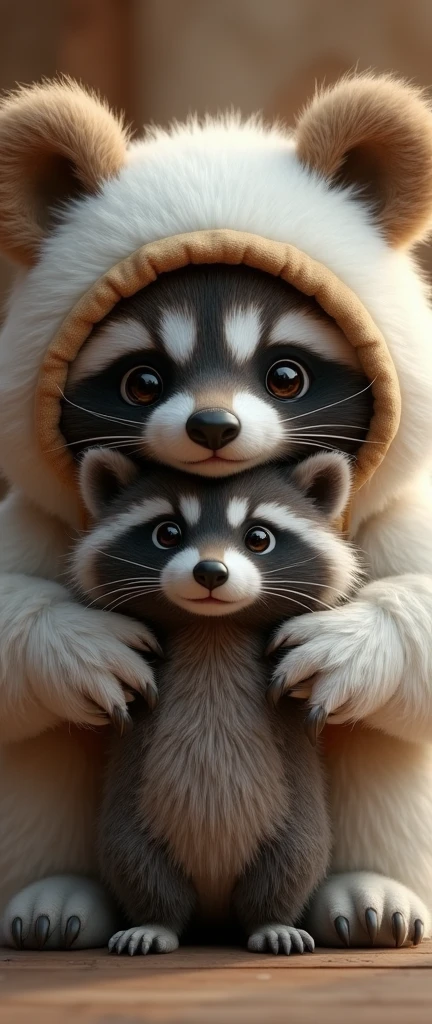 A captivating photograph of a cute extra fluffy baby realistic raccoon a white bear wearing a brown bear costume, white fluffy , brown bear costume with hood, cute , photorealistic, 8k, high quality, masterpiece, detailed fur texture, detailed costume design, studio lighting, realistic lighting, vibrant colors, warm lighting, soft focus