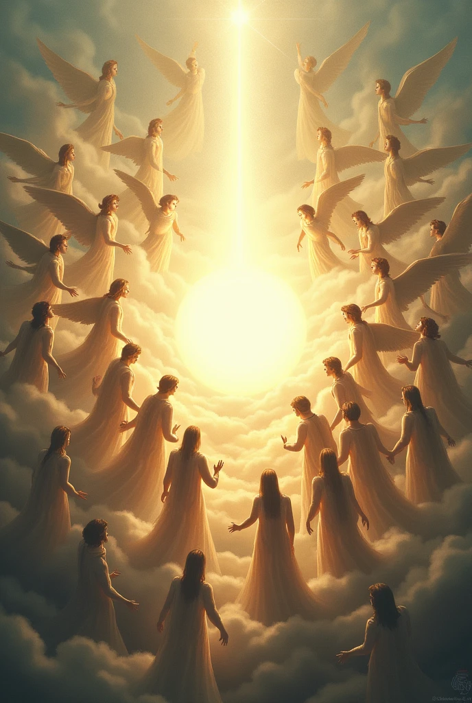 Images of many angels around an immense light.