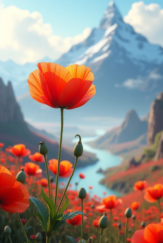 Create a 3d poppy image with an extraordinary background In horizontal size, as for a wallpaper