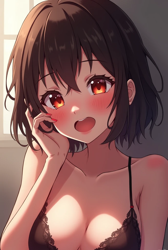 (beste-Qualit, 8K, 12), 1 girl, (megumin), brown hair, the perfect body, ultra detail face, detailed lips, Excited, (((very small boobs))), red eyes, cleavage, ((nude)), looking at viewer, (close up), (leaned forward), nipples, bedroom