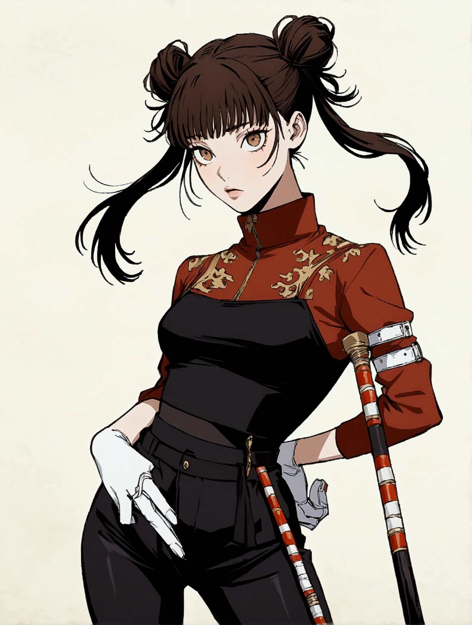 "Anime girl with dark brown long hair styled in two buns with loose strands. She wears a black sleeveless combat top with a high collar, paired with black combat pants. She holds two red staffs and is wearing black tights with white high-top sneakers. (jujutsu kaisen art, jujutsu kaisen character, jujutsu kaisen anime art, 1 girl, solo)"