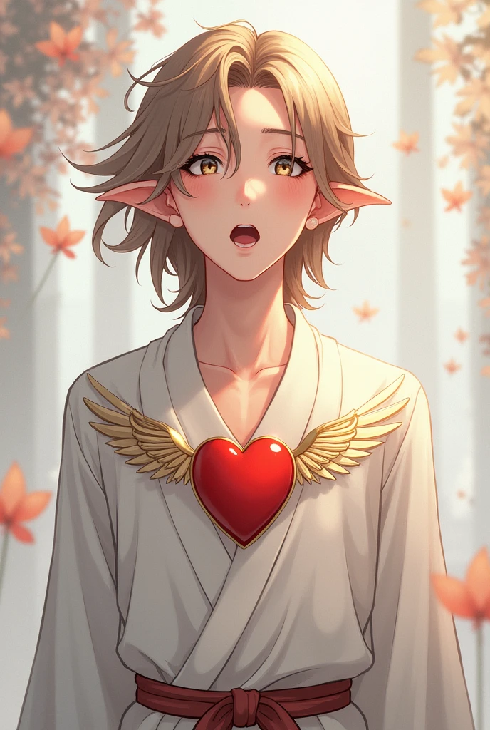a young half-elf man with delicate, feminine features and shoulder-length light brown hair wearing white robes with a winged red heart symbol drawn on the clothes at chest level, singing.
anime style