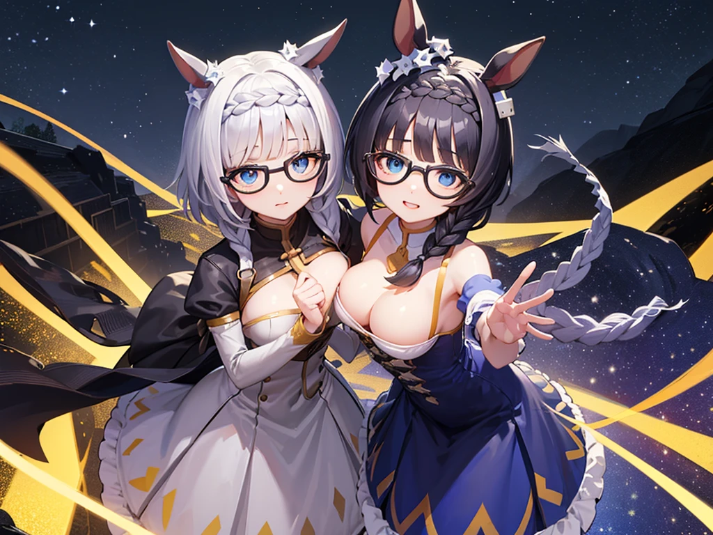 solo、Alone、１Alone。masterpiece, 超High resolution, Highest quality, High resolution, 8k、(noline:1.5)、(flat2-DIM1:1.5)、Shooting from above、Close-up。Woman with horse ears、Beauty、Wear black glasses。Big Breasts、Glamour、Pale pink lips、smile、Long braids。Blue Dress、flare skirt、A large blue ribbon on the chest。The body is tilted diagonally to the side、Place your hand on your chest。breeze、Starry Sky、cliff。