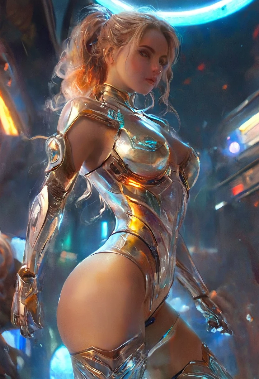 (best quality,4k,highres,masterpiece:1.2),ultra-detailed,(realistic,photorealistic:1.37), 1 extraordinarily beautiful android princess, (sci-fi futuristic transparent armor:1.7), extraordinarily sexy, expressive, seductive face, ral-opal, (whole body:1.2), (full body, standing on a spaceship:1.4), cameltoe, beautiful detailed eyes, beautiful detailed seductive lips, extremely detailed erotic face and eyes, long eyelashes, hkstyle, hair updo, HDR, UHD, studio lighting, ultra-fine painting, sharp focus, physically-based rendering, extreme detail description, professional, vivid colors, bokeh, sci-fi, concept art, hair band, (transparent:1.4) (beautiful long legs, beautiful thighs:1.5), (seductive posing:1.2), (erotic posing:1.2), ((Put both of her hands behind her head:1.4)), beautiful navel,