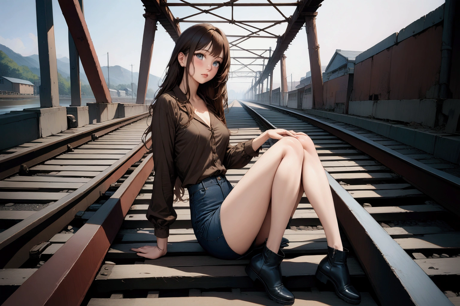 realistic anime illustration of pretty woman in brown dyed long hair is sitting on railroad tracks, bridge, brown shirt, navy-blue denim pencil mini skirt, black ankle boots, (1girl, solo, full body, front view), (masterpiece, best quality, japanese anime style), (expressive eyes, perfect face, perfect body)