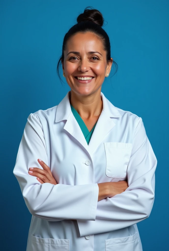 "Create an image of a Brazilian nurse wearing a white lab coat, with medium brown skin and dark hair tied back in a simple bun. She should be a middle-aged woman, slightly overweight, with a warm, professional expression. The background should be a solid royal blue, providing a strong contrast to her white lab coat. The overall composition should emphasize her approachable and caring demeanor.