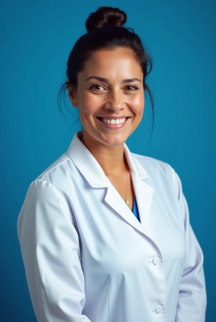 "Create an image of a Brazilian nurse wearing a white lab coat, with medium brown skin and dark hair tied back in a simple bun. She should be a middle-aged woman, slightly overweight, with a warm, professional expression. The background should be a solid royal blue, providing a strong contrast to her white lab coat. The overall composition should emphasize her approachable and caring demeanor.