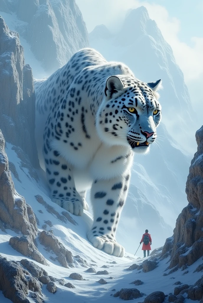 a highly realistic and immersive scene featuring a colossal, mythical snow leopard seamlessly integrated with the rugged, icy mountain peaks. The leopard should have highly detailed fur with natural patterns, piercing eyes, and a commanding presence. The mountain should be depicted with intricate crags and textures, enveloped in swirling high-altitude clouds and gently falling snowflakes. The scene should emphasize a profound sense of scale and depth, using ultra-realistic colors and textures to convey the majesty of the mountain and the power of the predator. The Leopard is gigantic, surreal, abstract, and face-off with an adventurer.
### **Instructions for SeaArt AI:**
1. **Model Selection:**
- **Realistic Alpine Mix:** Choose models designed for photorealistic textures and details, suitable for high-fidelity mountain and animal depictions.
- **LoRA:** Focus on enhancing the realistic details of the leopard’s fur, mountain textures, and snow effects for a lifelike appearance.
2. **Style and Lighting:**
- **Photorealistic Alpine Style:** Emphasize true-to-life textures and natural light effects.
- **Advanced Realistic Lighting:** Use ComfyUI to adjust light intensity and natural shadow play, highlighting the realistic details of the leopard and the snowy environment.
3. **Image Refinement:**
- Generate multiple variations and select the one with the best balance of realism and detail.
- Use the **Canvas** tool for precise manual adjustments, particularly to enhance the realistic textures of the leopard’s fur and the mountain’s rugged surface.
- Apply **Swift AI tools** to increase sharpness and resolution, focusing on realistic detail enhancement.
4. **Color Palette:**
- Use true-to-life cool blues and whites for the mountain and snow.
- Incorporate realistic soft grays and whites for the leopard’s fur, ensuring natural color variations.
5. **Post-Processing:**
- Apply **Advanced Repair** to clean edges and maintain intricate r