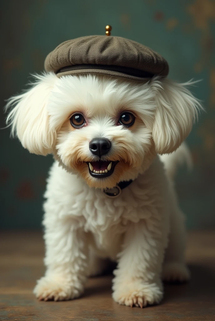 Bichon Frise with beret and evil face Vintage style 