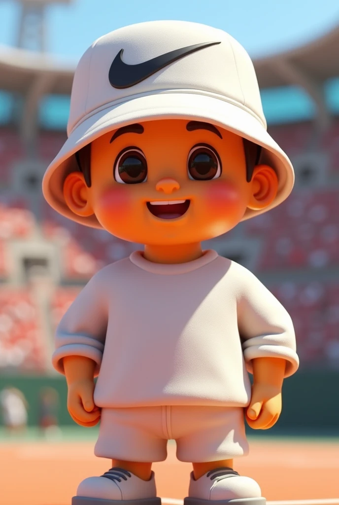 Animated mascot character with white sweatshirt and white bucket hat with Nike symbol