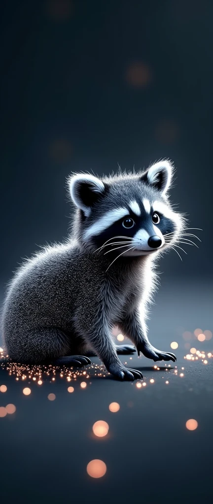 A captivating photograph of a cute extra fluffy baby realistic raccoon ascii art,Nick,Veasey,Linear Shimmer, Glass candy wrapper,was decomposed into countless extremely tiny glowing white dot particles.,Particle glow dark background dark night glow HD rendering,Minimalist composition,High contrast Tilt-shift 32k Octane render
