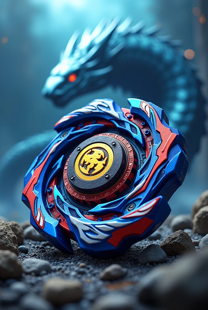 Very cool legendary Beyblade in blue, red, white and a little yellow with a monster symbol in the center with a shining, shiny and supreme leviathan behind it.