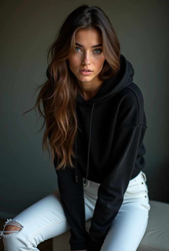 beautiful European girl with blue eyes and brown hair, she is in the most exciting position for a man, she is wearing a black hoodie, she is wearing white sneakers and white jeans, ultra High resolution, (fotorrealista: 1. 4), High resolution, (finely detailed skin), (blue eyes), (perfect proportions) (realistic photos) (masterpiece) (fotorrealista), ultra-realistic (Best quality) (detailed) photographed with a Canon EOS R5, 50mm lens, f/2.8, (8k) (Wallpaper) (cinematic lighting) (dramatic lighting) (complex) mode. 