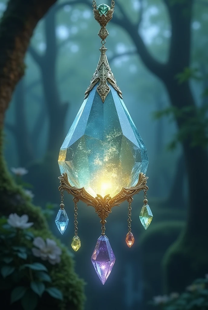 magical crystal in the shape of a teardrop shape with smaller jewels hanging off of chains connected to it
