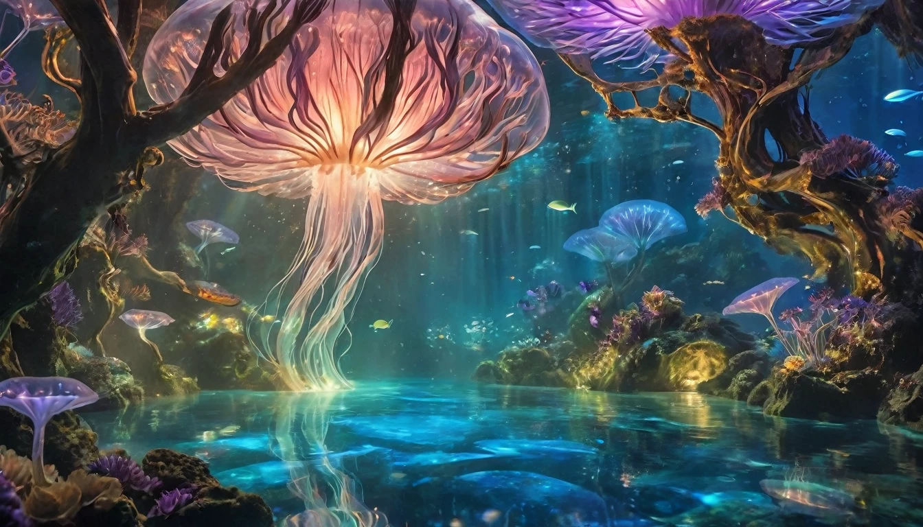 Description: Dive deep into the mesmerizing underwater world of Pandora, a place where the magic of the Avatar universe extends below the surface. The ocean is an expanse of shimmering blues and light blue hues, with beams of sunlight piercing the surface, casting a moody, cinematic light. At the heart of this underwater paradise stands the underwater equivalent of the Tree of Life, a magnificent coral tree that glows with a serene blend of purple and blue bioluminescence. Its tendrils spread out, reaching across the ocean floor, casting an enchanting glow on everything around. Surrounding this central tree are clusters of fantastical aquatic plants. These plants have long, sinuous leaves that sway gently with the ocean currents, each leaf tipped with bioluminescent nodes that pulse with light. Some resemble giant anemones, with soft, flowing tendrils that create a dance of colors—soft pinks, blues, and purples—adding a dreamlike quality to the scene. Swimming gracefully among these plants are the exotic sea creatures of Pandora. Sleek, elongated creatures resembling a fusion of dolphins and manta rays glide effortlessly. Their bodies are covered in translucent scales that shimmer with hints of purple and blue, making them appear as living jewels. Some have glowing markings that change color, acting as communication signals. Smaller, luminescent fish dart between the coral and plant life, their scales sparkling like stars in the ocean's night sky. Tiny glowing jellyfish-like creatures float through the water, trailing luminescent tendrils. They create a mystical effect as they drift by, illuminating the path for larger sea creatures. Bioluminescent particles float throughout the scene, adding an ethereal touch, as if the water itself is alive with light. Key Elements: Underwater Tree of Life: A massive coral tree with glowing purple and blue tendrils, central to the underwater landscape. Bioluminescent Aquatic Plants: Flowing plants with glowing tips and soft c