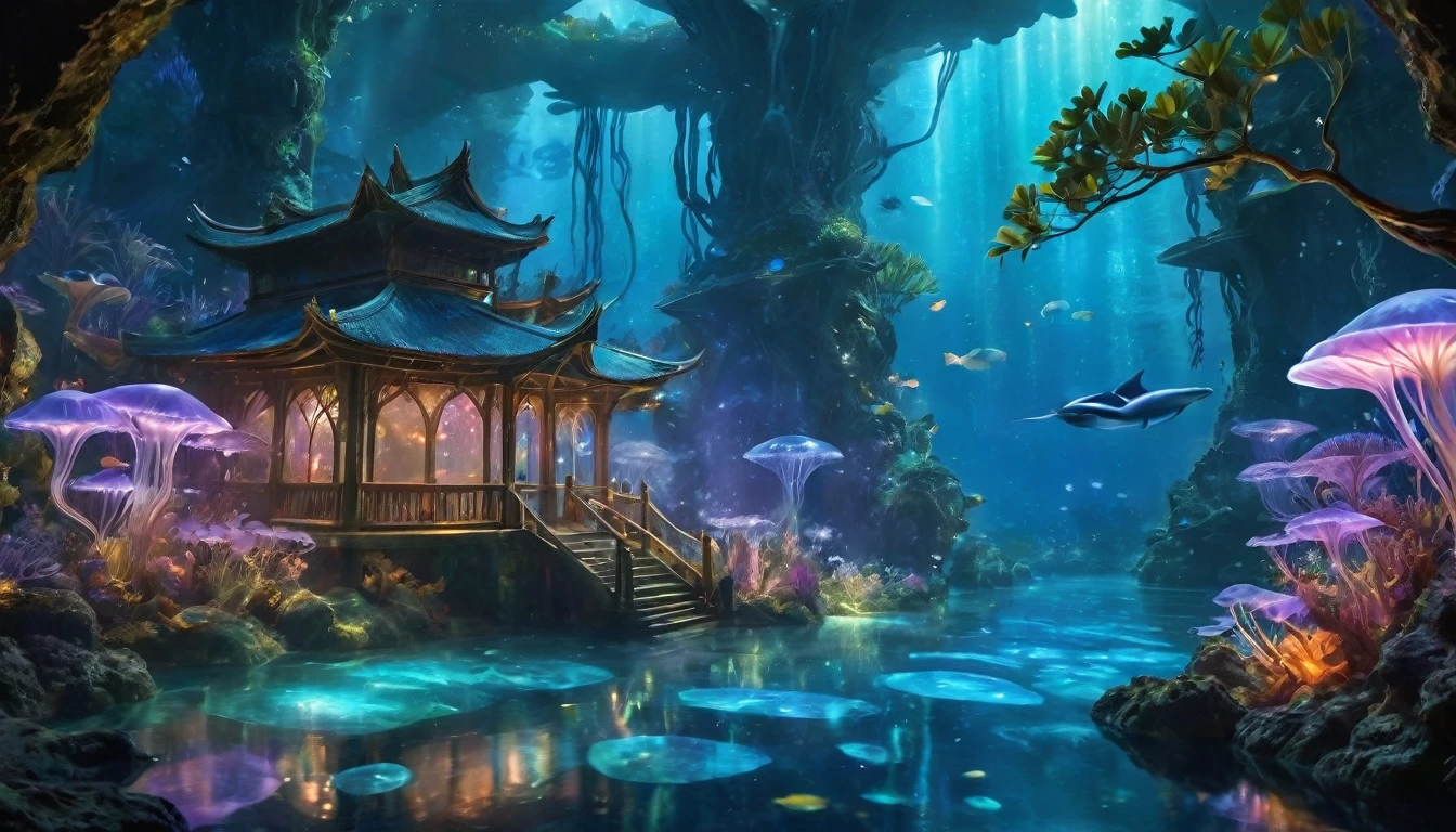 Description: Dive deep into the mesmerizing underwater world of Pandora, a place where the magic of the Avatar universe extends below the surface. The ocean is an expanse of shimmering blues and light blue hues, with beams of sunlight piercing the surface, casting a moody, cinematic light. At the heart of this underwater paradise stands the underwater equivalent of the Tree of Life, a magnificent coral tree that glows with a serene blend of purple and blue bioluminescence. Its tendrils spread out, reaching across the ocean floor, casting an enchanting glow on everything around. Surrounding this central tree are clusters of fantastical aquatic plants. These plants have long, sinuous leaves that sway gently with the ocean currents, each leaf tipped with bioluminescent nodes that pulse with light. Some resemble giant anemones, with soft, flowing tendrils that create a dance of colors—soft pinks, blues, and purples—adding a dreamlike quality to the scene. Swimming gracefully among these plants are the exotic sea creatures of Pandora. Sleek, elongated creatures resembling a fusion of dolphins and manta rays glide effortlessly. Their bodies are covered in translucent scales that shimmer with hints of purple and blue, making them appear as living jewels. Some have glowing markings that change color, acting as communication signals. Smaller, luminescent fish dart between the coral and plant life, their scales sparkling like stars in the ocean's night sky. Tiny glowing jellyfish-like creatures float through the water, trailing luminescent tendrils. They create a mystical effect as they drift by, illuminating the path for larger sea creatures. Bioluminescent particles float throughout the scene, adding an ethereal touch, as if the water itself is alive with light. Key Elements: Underwater Tree of Life: A massive coral tree with glowing purple and blue tendrils, central to the underwater landscape. Bioluminescent Aquatic Plants: Flowing plants with glowing tips and soft c