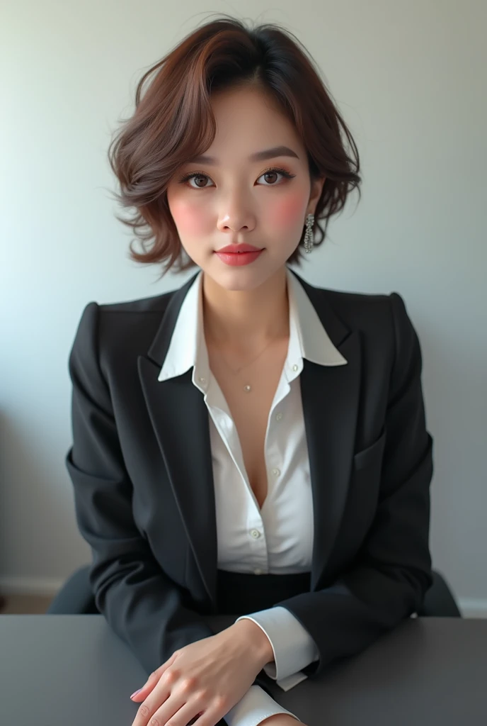 realistic portrait of a beautiful businesswoman sitting in an office, white wall, gray desk, CEO, business suit, office shirt, tight black skirt, earrings, black stockings, masterpiece, best quality, 1milf, blush, short brown hair, brown eyes, large breasts, perfect slim body, perfect face, perfect hands, shy expression, perfect eyes, seductive eyes, beautiful detailed eyes, temptress, detailed fingers, beautiful detailed eyes, masterpiece, best quality, intricate detailed, hyper-realistic, absu