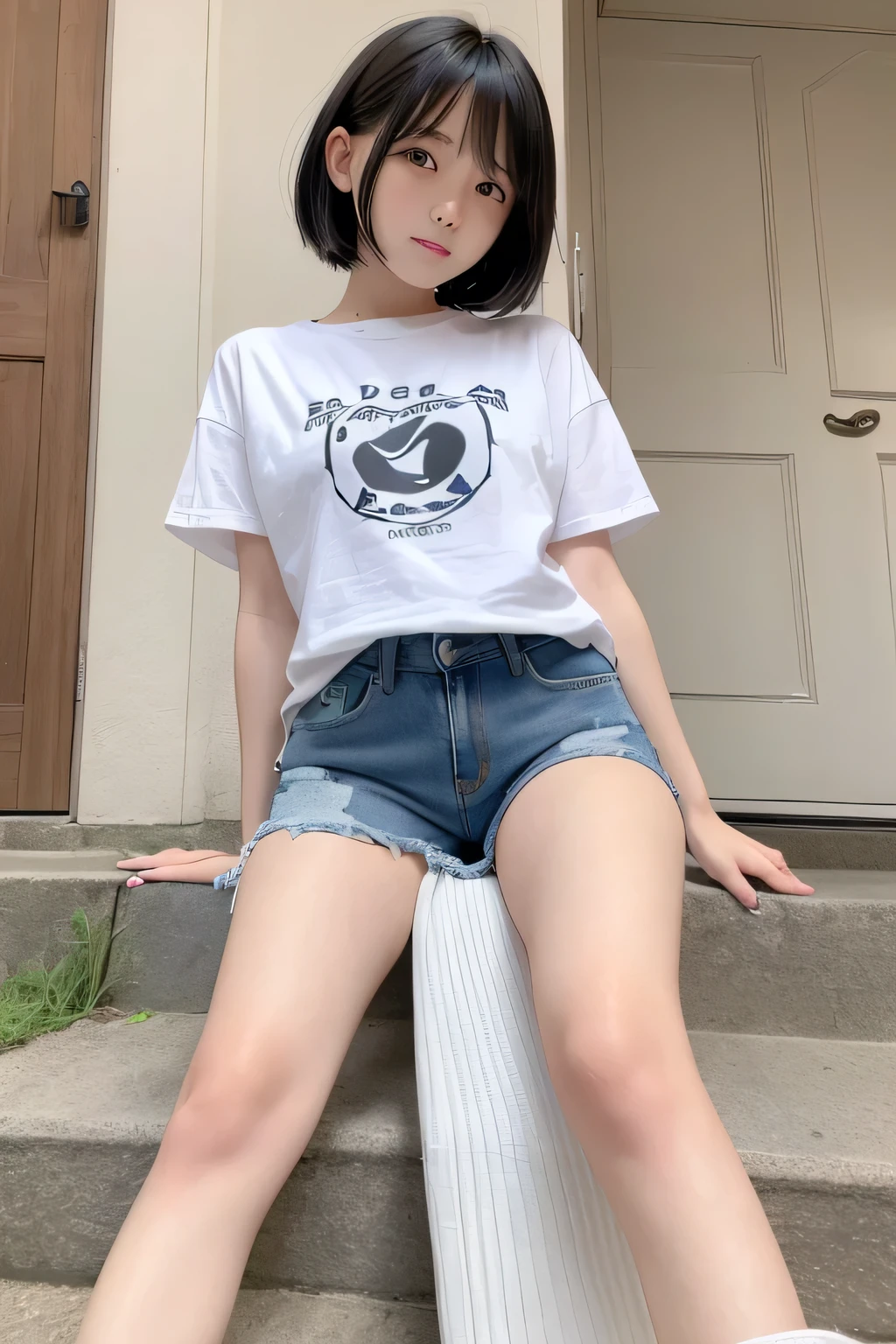 Extremely short, tight, and skinny denim shorts、Beautiful girl.,she is cute and beautiful like an idol.,She is pure and innocent.,She is wearing a T-shirt,High socks and sneakers.Japanese,Black short bob,A shy smile