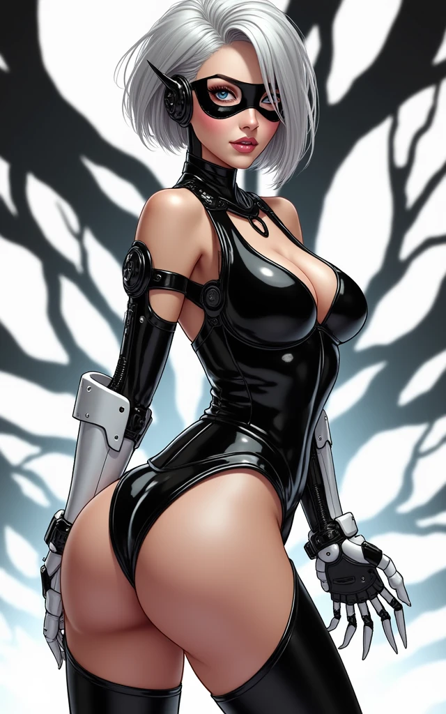 (masterpiece, best quality)), ((((perfect anatomy)))), Caucasian android woman with short silver hair, ((elaborate black dress)) (((white high cut leotard))), big butt, black eye-band, white and black gloves, digital black pattern background, (((Western cartoon style)))