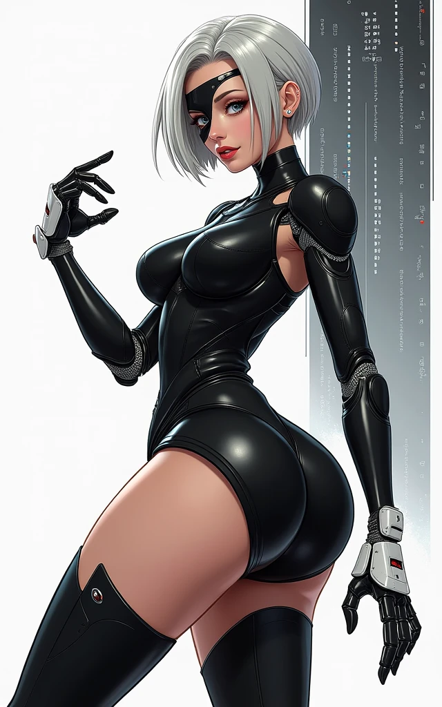 (masterpiece, best quality)), ((((perfect anatomy)))), Caucasian android woman with short silver hair, ((elaborate black dress)) (((white high cut leotard))), big butt, black eye-band, white and black gloves, digital black pattern background, (((Western cartoon style)))