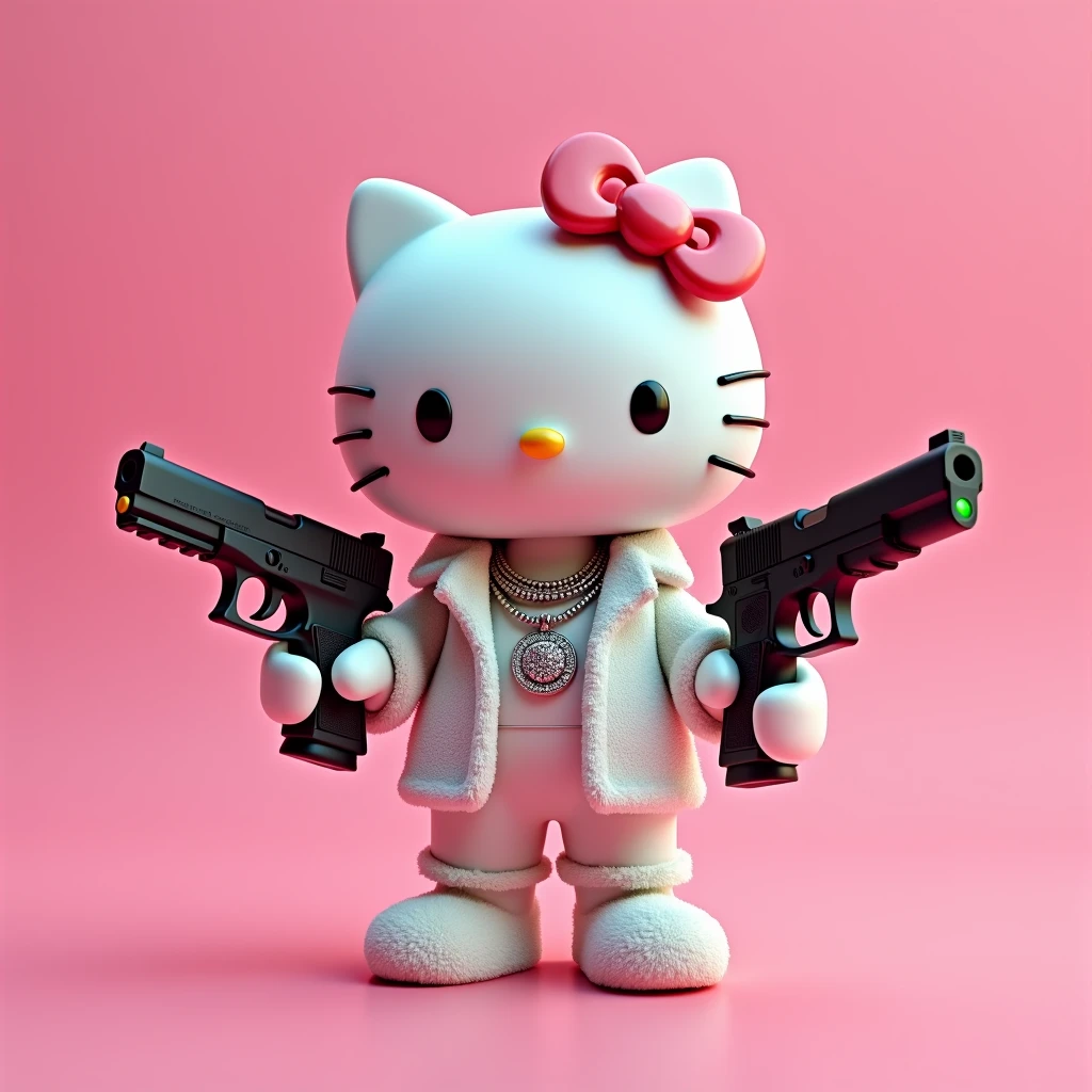 (Hello Kitty white)(3D format)(Pink background)(She is dressed in drill or rag style clothing) In his left hand he holds a black Glock (This Glock has a powerful green neon laser in sight.) In his right hand he holds a steel-colored Model 38 revolver.. (On her neck she has some diamond Cubans)