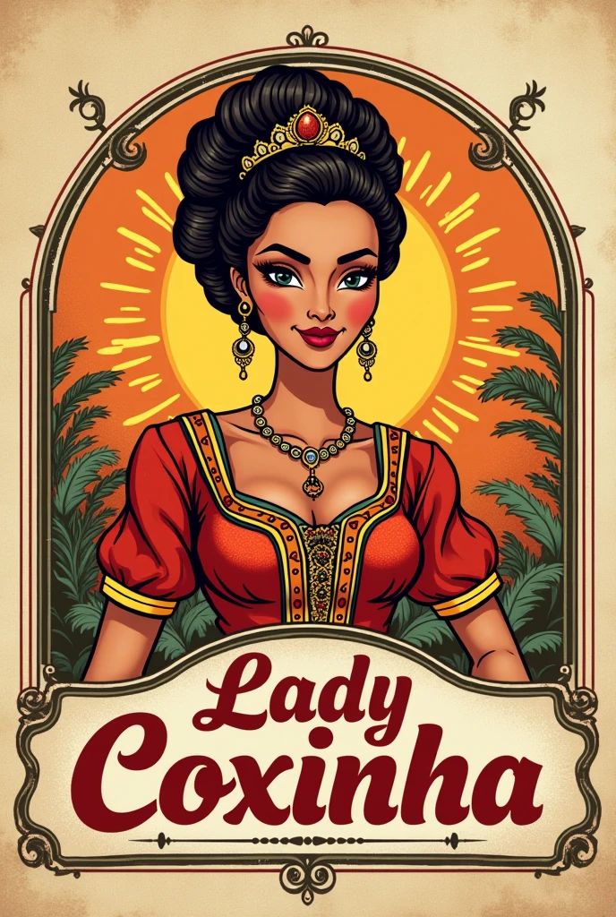 I want a logo for a snack shop called Senhora Coxinha, with image of a lady, salty and written lady coxinha