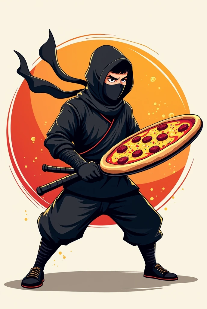 Pizza Ninja Logo, ninja with pizza in hand and name of pizzeria " Pizza Ninja " Written 