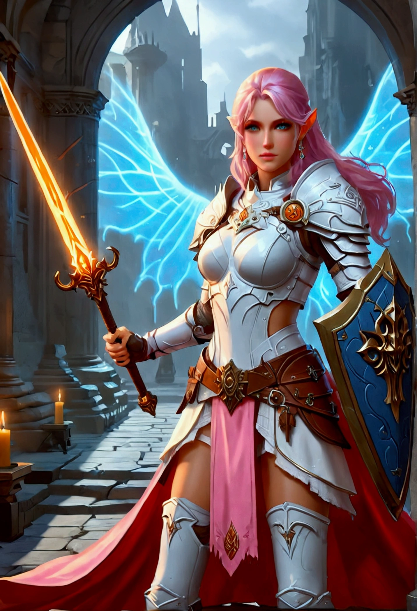 fantasy art, dnd art, RPG art, wide shot, (masterpiece: 1.4) a (portrait: 1.3) intense details, highly detailed, photorealistic, best quality, highres, portrait a female (fantasy art, Masterpiece, best quality: 1.3) ((blue skin: 1.5)), intense details facial details, exquisite beauty, (fantasy art, Masterpiece, best quality) cleric, ((blue skin: 1.3)) female, (pink hair: 1.3), long hair, (no ears: 1.5), (green eyes: 1.3), armed with a fiery sword red fire, wearing heavy (white armor: 1.3), wearing high heeled laced boots, wearing an (orange cloak:1.3), wearing glowing holy symbol GlowingRunes_yellow, within fantasy temple background, reflection light, high details, best quality, 16k, [ultra detailed], masterpiece, best quality, (extremely detailed), close up, ultra wide shot, photorealistic, RAW, fantasy art, dnd art, fantasy art, realistic art,((best quality)), ((masterpiece)), (detailed), perfect face, rpg portrait
photograph
