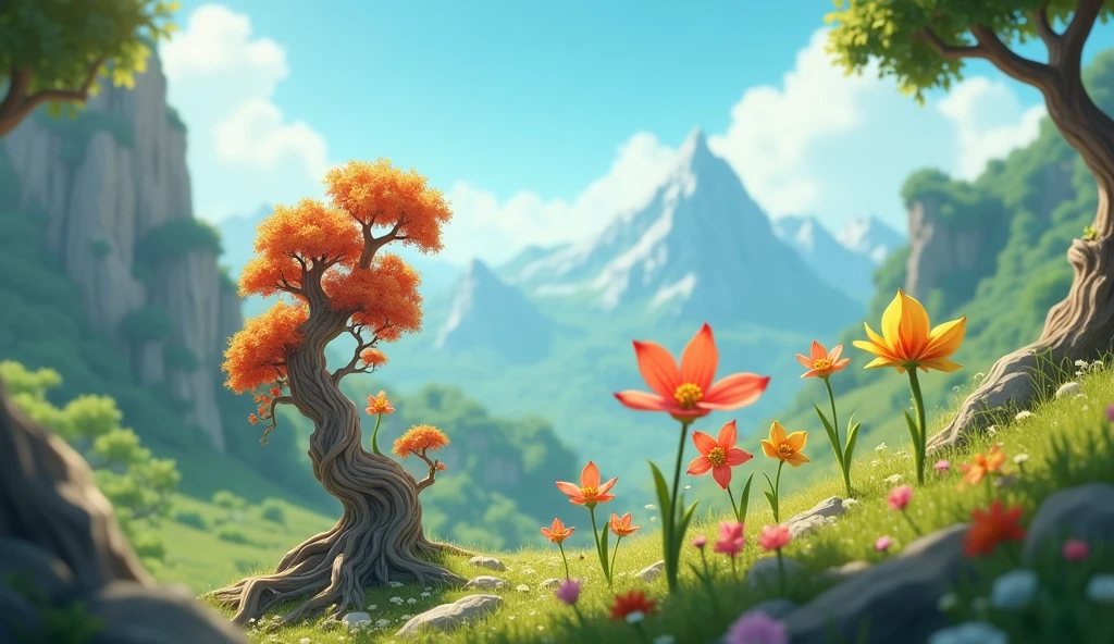 Ancient tree with colorful leaves and flowers on top of a mountain 