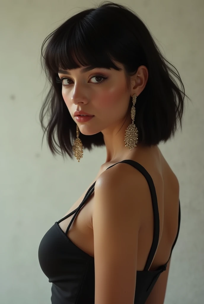 1 girl, Bangs, black hair, big boobs, ear rings,