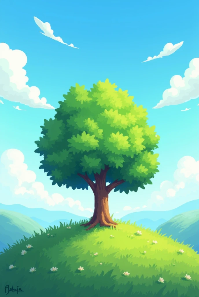 (pixel art) tree on hill, green leaves, blue sky background with fluffy clouds beautiful sunny day