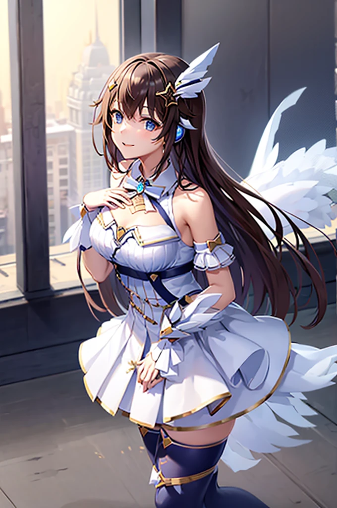 mecha wings、White and blue skirt、Thighs、tights、chest、Black Hair、1 girl、solo girl、IS、Frame Arms Girl、Alice Gere Aegis、Blue Armor、income、headphone、hand on own chest、smile、idol woman、idol dress