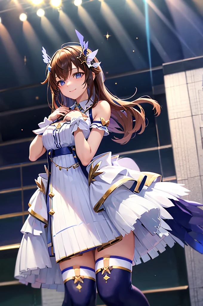 mecha wings、White and blue skirt、Thighs、tights、chest、Black Hair、1 girl、solo girl、IS、Frame Arms Girl、Alice Gere Aegis、Blue Armor、income、headphone、hand on own chest、smile、idol woman、idol dress