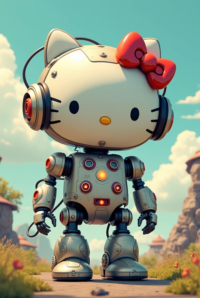 Hello Kitty Roboter in ghibli Style und pixelart Bad looking
