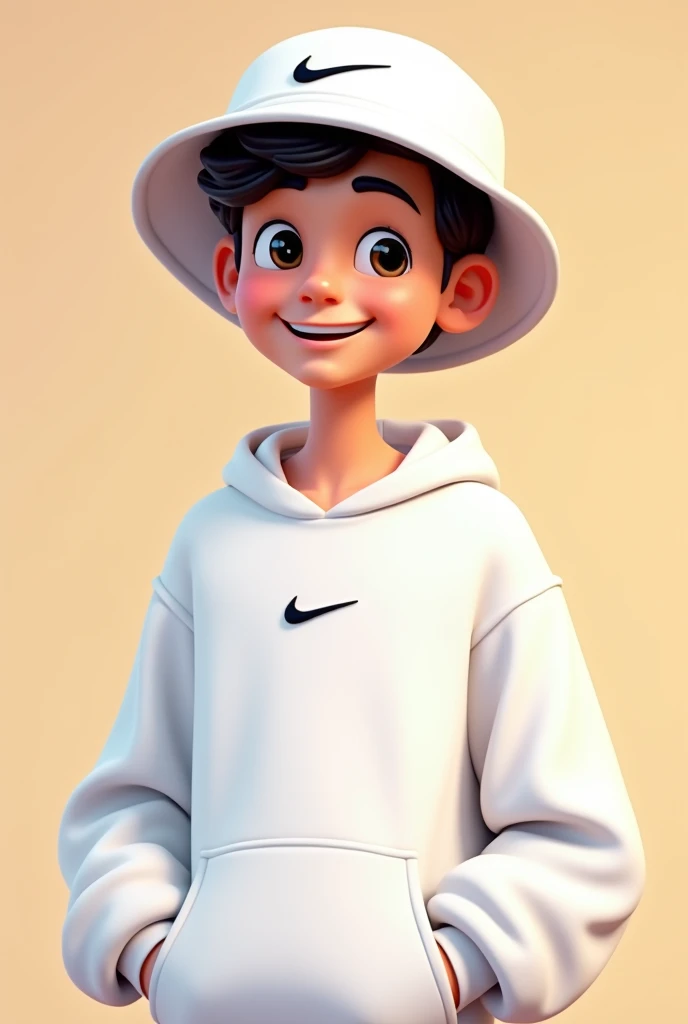 Animated male character with white sweatshirt and white bucket hat with Nike symbol