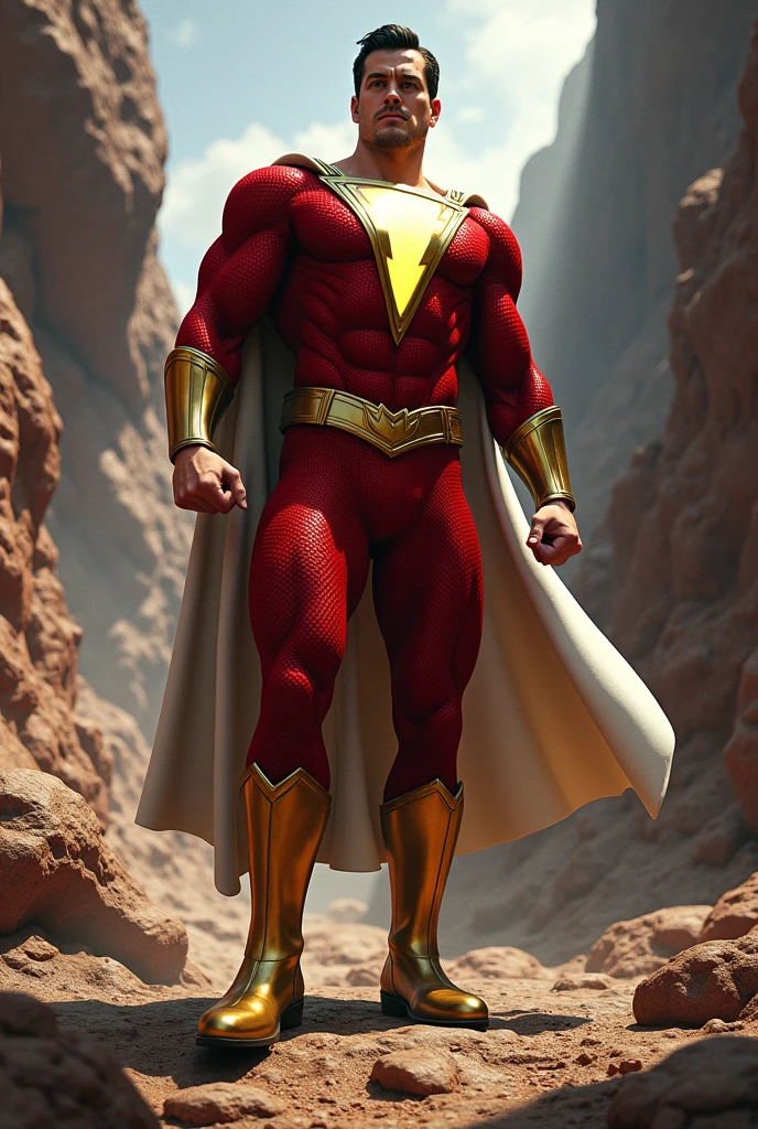 Shazam! in a heroic pose with one leg bent under the stone