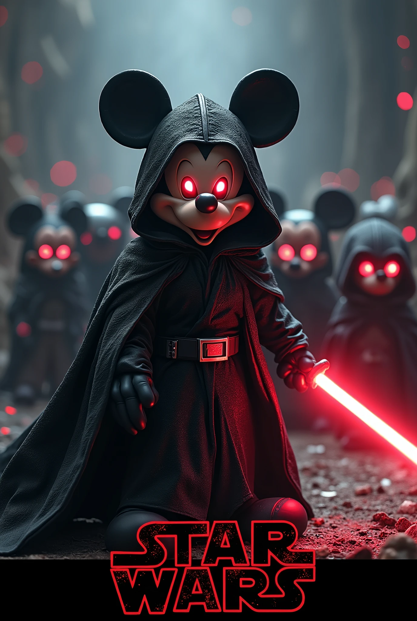 A dark fantasy character Mickey Mouse, dressed in a black, flowing Sith robe from Star Wars with intricate detailing. Mickey's large, round ears stick out slightly from beneath the hood, and his eyes glow a menacing, fiery red. He wields a red lightsaber, the blade casting an ominous glow on his black gloves and robe. Mickey stands in a powerful pose, surrounded by swirling dark energy, in a shadowy, cosmic environment with distant stars faintly visible. Behind Mickey, various characters from Disneyland stand, all of them having their eyes illuminated in red, adding to the sinister atmosphere. The scene is filled with tension, as if the characters are preparing for an epic battle. At the bottom of the image, in bold, cinematic style, a movie poster-like logo reads 'Disney Wars' in English like star wars logo, giving the scene the feel of a dark and epic saga.