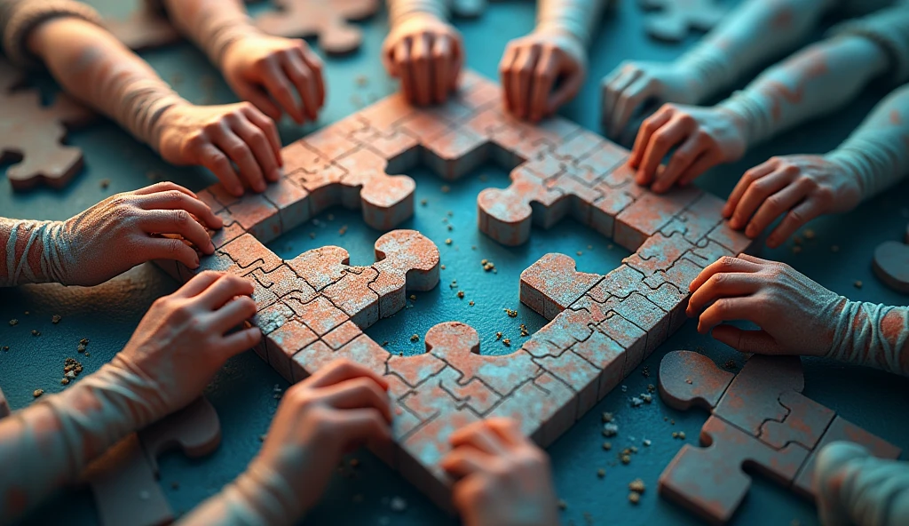 A three-dimensional puzzle of reality being solved by multiple hands, with color enhanceme